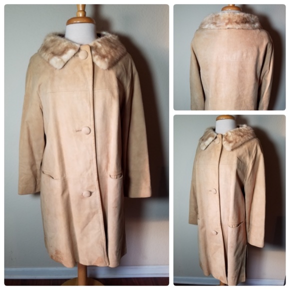 Vintage Suede Leather Trench Coat Faux Fur Trim